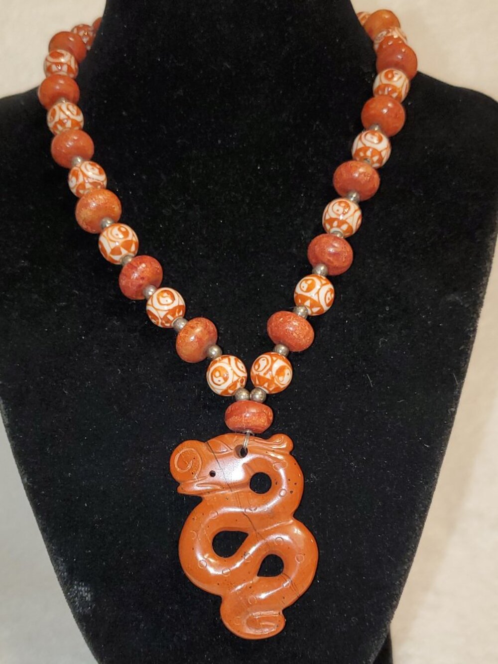 UNIQUE Jasper stone "Zhuge" necklace has wooden,porcelain,silver beads Gorgeous!